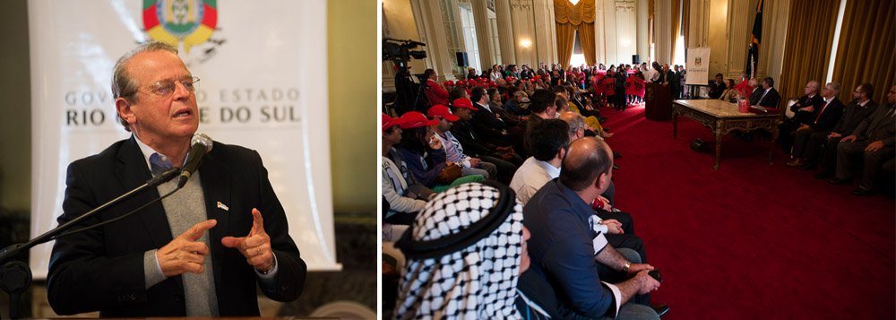 Evento contou com a presença do embaixador palestino no Brasil, Ibrahim Alzeben, do coordenador Geral de Ações Internacionais de Combate à Fome do Itamaraty, ministro Milton Rondó Filho, além de representantes da comunidade árabe-palestina; “É necessário que uma campanha como essa seja seguida de uma política de paz. O povo gaúcho tem tradição de luta, de respeito à autodeterminação de comunidades que lutam por seus direitos”, disse o governador Tarso Genro (Foto: Roberta Namour) Evento contou com a presença do embaixador palestino no Brasil, Ibrahim Alzeben, do coordenador Geral de Ações Internacionais de Combate à Fome do Itamaraty, ministro Milton Rondó Filho, além de representantes da comunidade árabe-palestina; “É necessário que uma campanha como essa seja seguida de uma política de paz. O povo gaúcho tem tradição de luta, de respeito à autodeterminação de comunidades que lutam por seus direitos”, disse o governador Tarso Genro