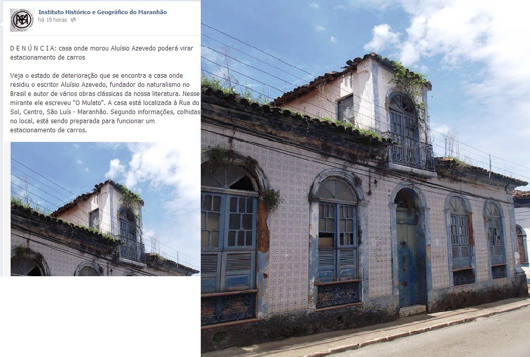 Um texto assinado pelo vice-presidente do instituto e professor de História Euges Lima, publicado no blog do instituto, explica que a postagem foi um meio encontrado pelo IHGM para iniciar um movimento para reverter à situação. Ele critica o fato da casa ainda pertencer a particulares e nunca ter se transformado em um museu; no mirante do imóvel Aluisio Azevedo escreveu a obra “O Mulato” (Foto: Itevaldo Junior) Um texto assinado pelo vice-presidente do instituto e professor de História Euges Lima, publicado no blog do instituto, explica que a postagem foi um meio encontrado pelo IHGM para iniciar um movimento para reverter à situação. Ele critica o fato da casa ainda pertencer a particulares e nunca ter se transformado em um museu; no mirante do imóvel Aluisio Azevedo escreveu a obra “O Mulato”