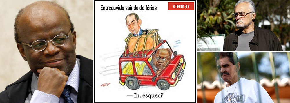 Ministros criticam a falta de critério objetivo do presidente do STF na AP 470, que antecipou férias e deixou a prisão de dois condenados em aberto; para um deles, o deputado João Paulo Cunha (PT-SP), apenas a exposição midiática do caso justificaria a demora para a expedição de um mandado de prisão, reforçando a tese de que Barbosa tem agido mais como candidato do que como juiz; também incomoda a corte o fato de José Genoino ter sido preso, enquanto outro condenado, Roberto Jefferson, segue livre, leve e solto; nessa confusão, até um dos principais aliados de Barbosa, o jornal O Globo, se mostrou incomodado com seu esquecimento na charge de Caruso (Foto: Roberta Namour) Ministros criticam a falta de critério objetivo do presidente do STF na AP 470, que antecipou férias e deixou a prisão de dois condenados em aberto; para um deles, o deputado João Paulo Cunha (PT-SP), apenas a exposição midiática do caso justificaria a demora para a expedição de um mandado de prisão, reforçando a tese de que Barbosa tem agido mais como candidato do que como juiz; também incomoda a corte o fato de José Genoino ter sido preso, enquanto outro condenado, Roberto Jefferson, segue livre, leve e solto; nessa confusão, até um dos principais aliados de Barbosa, o jornal O Globo, se mostrou incomodado com seu esquecimento na charge de Caruso