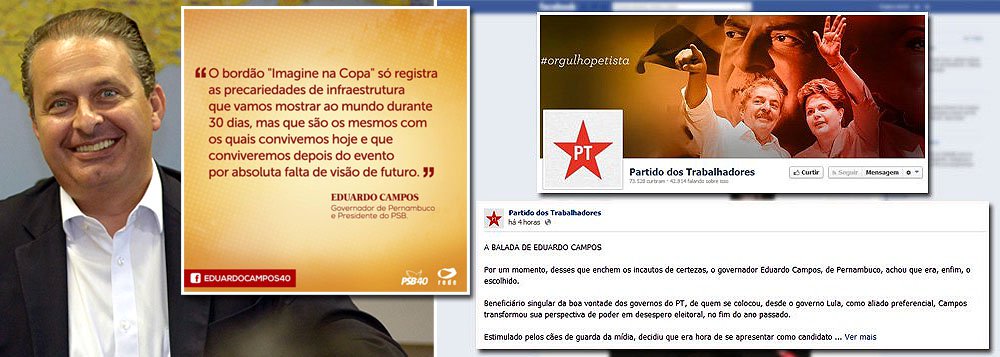 Governador de Pernambuco também usa Facebook para cutucar governo ao comentar situação dos aeroportos na véspera do Mundial: "O bordão "Imagine na Copa" só registra as precariedades de infraestrutura que vamos mostrar ao mundo durante 30 dias, mas que são os mesmos com os quais convivemos hoje e que conviveremos depois do evento por absoluta falta de visão de futuro'; em texto intitulado "A balada de Eduardo Campos" na rede social, o PT acusa o presidenciável do PSB de se render aos cães de guarda da mídia, para se colocar na condição de opositor de Dilma
(Foto: Roberta Namour) Governador de Pernambuco também usa Facebook para cutucar governo ao comentar situação dos aeroportos na véspera do Mundial: "O bordão "Imagine na Copa" só registra as precariedades de infraestrutura que vamos mostrar ao mundo durante 30 dias, mas que são os mesmos com os quais convivemos hoje e que conviveremos depois do evento por absoluta falta de visão de futuro'; em texto intitulado "A balada de Eduardo Campos" na rede social, o PT acusa o presidenciável do PSB de se render aos cães de guarda da mídia, para se colocar na condição de opositor de Dilma