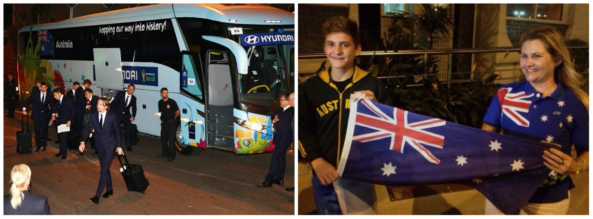 Os socceroos, como são conhecidos os australianos, chegaram ao país depois de uma viagem de 20 horas desde Sydney, na Austrália, até Vitória, no Espírito Santo, onde foram recebidos com carinho pelos fãs (Foto: Gisele Federicce) Os socceroos, como são conhecidos os australianos, chegaram ao país depois de uma viagem de 20 horas desde Sydney, na Austrália, até Vitória, no Espírito Santo, onde foram recebidos com carinho pelos fãs