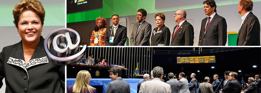 Presidente Dilma Rousseff sancionou nesta manhã o Marco Civil da Internet, durante a abertura do NetMundial, encontro global que discute o futuro da governança da internet com a presença de 80 países em São Paulo nesta quarta e quinta-feira; segundo ela, "o Brasil deu um grande passo" com o Marco Civil, que "conserva a neutralidade da rede" e traz regras claras, como para a retirada de conteúdo; projeto foi aprovado ontem no Senado; "No Brasil, empresas e a Presidência tiveram comunicações interceptadas. Esses fatos são inaceitáveis", discursou, em referência à espionagem norte-americana; EUA a um passo de perder influência sobre estabelecimento de domínios na rede (Foto: Felipe L. Goncalves) Presidente Dilma Rousseff sancionou nesta manhã o Marco Civil da Internet, durante a abertura do NetMundial, encontro global que discute o futuro da governança da internet com a presença de 80 países em São Paulo nesta quarta e quinta-feira; segundo ela, "o Brasil deu um grande passo" com o Marco Civil, que "conserva a neutralidade da rede" e traz regras claras, como para a retirada de conteúdo; projeto foi aprovado ontem no Senado; "No Brasil, empresas e a Presidência tiveram comunicações interceptadas. Esses fatos são inaceitáveis", discursou, em referência à espionagem norte-americana; EUA a um passo de perder influência sobre estabelecimento de domínios na rede