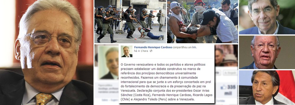 Fernando Henrique Cardoso, Oscar Arias Sánchez (Costa Rica), Ricardo Lagos (Chile) e Alejandro Toledo (Peru) divulgam declaração conjunta pela qual ressaltam que há "criminalização", por parte do governo de Nicolás Maduro, ao "protesto cívico e da oposição democrática" na Venezuela; "na condição de amigos da democracia venezuelana", os quatro ex-chefes de governo fazem apelo e clamam à comunidade internacional para que haja investigação contra as denúncias de tortura, o fim das "restrições à imprensa", "fim imediato das perseguições contra os estudantes" e debate promovido pelo governo venezuelano; em artigo no fim de semana, FHC já havia criticado a "timidez de nosso governo" diante da crise (Foto: Gisele Federicce) Fernando Henrique Cardoso, Oscar Arias Sánchez (Costa Rica), Ricardo Lagos (Chile) e Alejandro Toledo (Peru) divulgam declaração conjunta pela qual ressaltam que há "criminalização", por parte do governo de Nicolás Maduro, ao "protesto cívico e da oposição democrática" na Venezuela; "na condição de amigos da democracia venezuelana", os quatro ex-chefes de governo fazem apelo e clamam à comunidade internacional para que haja investigação contra as denúncias de tortura, o fim das "restrições à imprensa", "fim imediato das perseguições contra os estudantes" e debate promovido pelo governo venezuelano; em artigo no fim de semana, FHC já havia criticado a "timidez de nosso governo" diante da crise