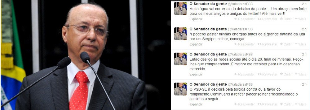 Após declarações da direção nacional do PT e do governador Jackson Barreto (PMDB), ambas pedindo unidade e minimizando a crise PT-PSB, o senador Valadares afirmou que "não decidirá em razão da torcida contra ou a favor do rompimento"; segundo ele, até o próximo dia 20, ele não voltará a utilizar o Twitter e o Facebook para expor sua opinião e dará prosseguimento às suas férias (Foto: Valter Lima) Após declarações da direção nacional do PT e do governador Jackson Barreto (PMDB), ambas pedindo unidade e minimizando a crise PT-PSB, o senador Valadares afirmou que "não decidirá em razão da torcida contra ou a favor do rompimento"; segundo ele, até o próximo dia 20, ele não voltará a utilizar o Twitter e o Facebook para expor sua opinião e dará prosseguimento às suas férias