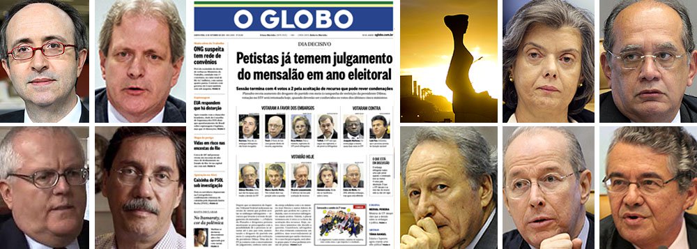 Tucano Merval Pereira acusa a corte de tomar uma "decisão política", em relação aos embargos; serrista Reinaldo Azevedo vê o STF "a um voto da desmoralização"; colunistas Ricardo Setti e Augusto Nunes, de Veja.com, que vocalizam o interesse político da família Civita, também tentam colocar a faca no pescoço dos ministros; o Globo, que recentemente admitiu seu apoio a um regime militar que suprimiu garantias individuais, faz um apelo curioso: sugere que o melhor para o próprio PT é que tudo acabe agora; cinco ministros ainda não votaram; vão ceder à política travestida de jornalismo? (Foto: Leonardo Attuch) www.brasil247.com - Tucano Merval Pereira acusa a corte de tomar uma "decisão política", em relação aos embargos; serrista Reinaldo Azevedo vê o STF "a um voto da desmoralização"; colunistas Ricardo Setti e Augusto Nunes, de Veja.com, que vocalizam o interesse político da família Civita, também tentam colocar a faca no pescoço dos ministros; o Globo, que recentemente admitiu seu apoio a um regime militar que suprimiu garantias individuais, faz um apelo curioso: sugere que o melhor para o próprio PT é que tudo acabe agora; cinco ministros ainda não votaram; vão ceder à política travestida de jornalismo?