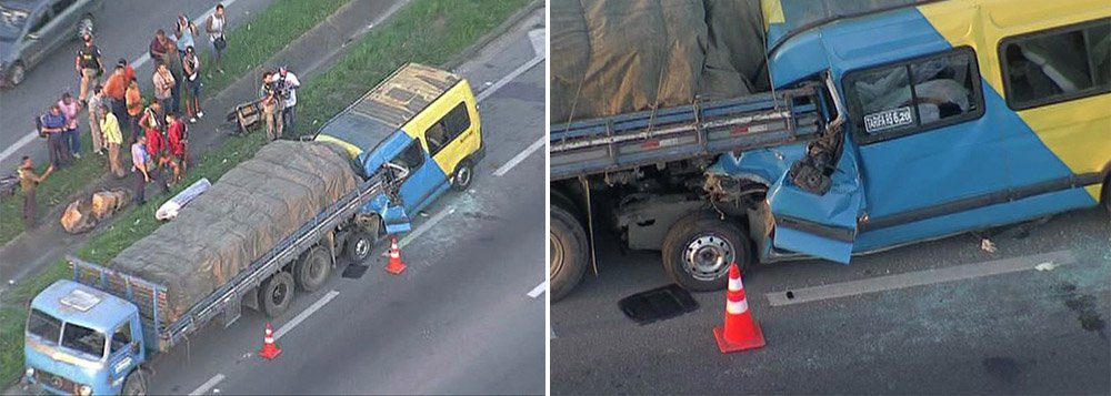 Acidente aconteceu quando van de transporte de passageiros - lotada - colidiu contra a traseira de um caminhão, por volta das 5h, na altura do Jardim América, na Baixada Fluminense; mortos foram identificados como o motorista da van Geraldo S. Guimarães, 53 anos, Lucimar Maria Macedo Barbosa Apolínário, 46 anos, e um homem ainda não identificado (Foto: José Barbacena) Acidente aconteceu quando van de transporte de passageiros - lotada - colidiu contra a traseira de um caminhão, por volta das 5h, na altura do Jardim América, na Baixada Fluminense; mortos foram identificados como o motorista da van Geraldo S. Guimarães, 53 anos, Lucimar Maria Macedo Barbosa Apolínário, 46 anos, e um homem ainda não identificado