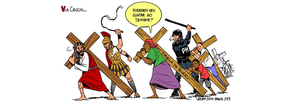 Chargista Carlos Latuff, em sua mais recente produção, retrata a situação dos desalojados da Telerj/Oi, do Rio de Janeiro, ao compará-la com a Via Crucis, a peregrinação do sofrimento de Jesus Cristo até cruz, o ponto alto da Semana Santa para os cristãos; imagem relembra ato do dia dia 11 de abril, quando a Polícia Militar iniciou a operação de reintegração de posse do terreno pertencente à companhia telefônica Oi, no Engenho Novo, zona norte do Rio de Janeiro; desocupação foi marcada por violência (Foto: Valter Lima) www.brasil247.com - Chargista Carlos Latuff, em sua mais recente produção, retrata a situação dos desalojados da Telerj/Oi, do Rio de Janeiro, ao compará-la com a Via Crucis, a peregrinação do sofrimento de Jesus Cristo até cruz, o ponto alto da Semana Santa para os cristãos; imagem relembra ato do dia dia 11 de abril, quando a Polícia Militar iniciou a operação de reintegração de posse do terreno pertencente à companhia telefônica Oi, no Engenho Novo, zona norte do Rio de Janeiro; desocupação foi marcada por violência