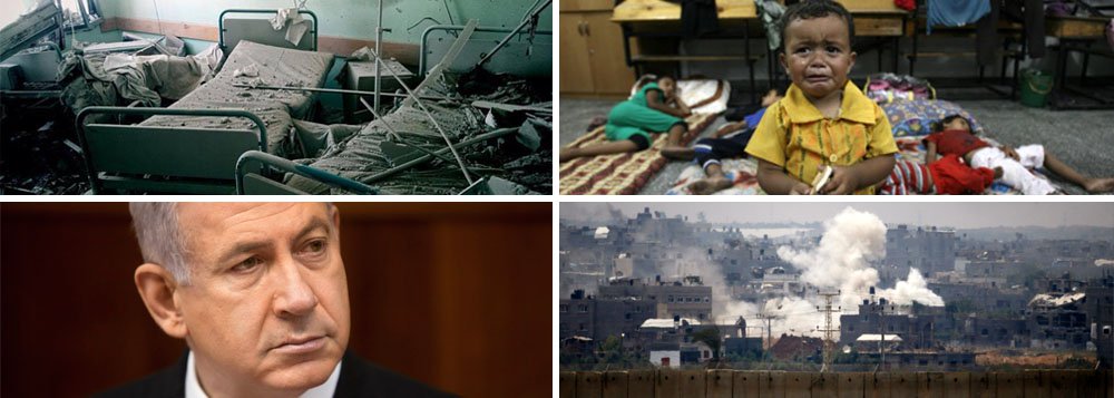 Benjamin Netanyahu acentua ofensiva sobre população civil na Faixa de Gaza; depois do domingo sangrento, com 100 mortes entre palestinos, e bombardeio a hospital, foguetes de Israel atingem escola da ONU para deslocados pela guerra; escritório da agência Associated Press é atacado; em 15 dias, operação por ar e terra matou 121 crianças, 80 delas com menos de 12 anos; 107 mil estão traumatizadas por perdas de familiares e de moradia, segundo Unicef; mais de 500 adultos já morreram; exército invasor tem apenas 27 baixas; não há guerra, mas um massacre; quem vai segurar a mão assassina do primeiro-ministro? (Foto: Ana Pupulin) www.brasil247.com - Benjamin Netanyahu acentua ofensiva sobre população civil na Faixa de Gaza; depois do domingo sangrento, com 100 mortes entre palestinos, e bombardeio a hospital, foguetes de Israel atingem escola da ONU para deslocados pela guerra; escritório da agência Associated Press é atacado; em 15 dias, operação por ar e terra matou 121 crianças, 80 delas com menos de 12 anos; 107 mil estão traumatizadas por perdas de familiares e de moradia, segundo Unicef; mais de 500 adultos já morreram; exército invasor tem apenas 27 baixas; não há guerra, mas um massacre; quem vai segurar a mão assassina do primeiro-ministro?