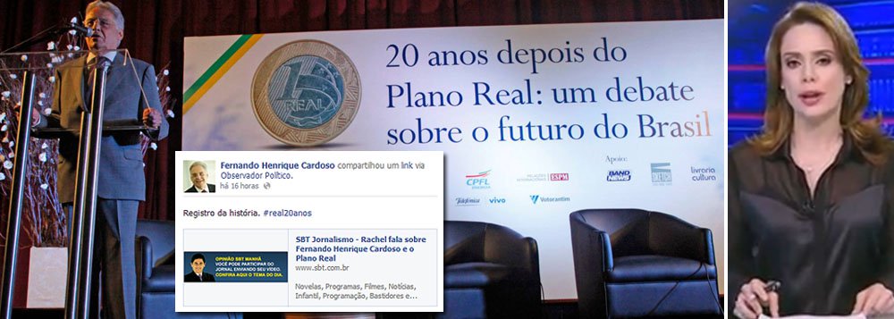 Como parte da celebração dos 20 anos do Plano Real, ex-presidente Fernando Henrique Cardoso divulgou em sua página no Facebook um vídeo em que a apresentadora do SBT Rachel Sheherazade elogia o tucano e a importância da moeda para o País; em um trecho, ela diz que o PSDB "se mostrou incompetente como oposição" nos últimos 12 anos; publicação tem estimulado elogios de internautas como "a Raquel fala o que todo brasileiro consciente e esclarecido gostaria de falar e não tem oportunidade"; vale lembrar que ela apoiou ato de "justiceiros" que espancaram e amarraram um adolescente no poste (Foto: Gisele Federicce) Como parte da celebração dos 20 anos do Plano Real, ex-presidente Fernando Henrique Cardoso divulgou em sua página no Facebook um vídeo em que a apresentadora do SBT Rachel Sheherazade elogia o tucano e a importância da moeda para o País; em um trecho, ela diz que o PSDB "se mostrou incompetente como oposição" nos últimos 12 anos; publicação tem estimulado elogios de internautas como "a Raquel fala o que todo brasileiro consciente e esclarecido gostaria de falar e não tem oportunidade"; vale lembrar que ela apoiou ato de "justiceiros" que espancaram e amarraram um adolescente no poste