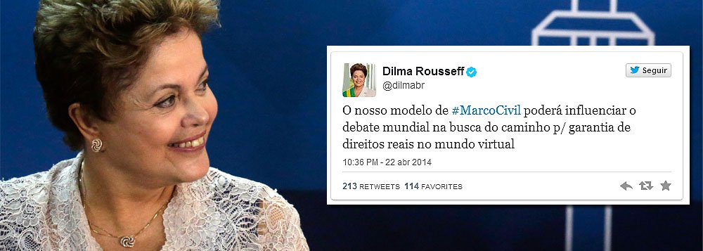 Em sua conta oficial no Twitter, presidente saudou os senadores pela aprovação do Marco Civil da Internet, que já havia sido apreciado pela Câmara dos Deputados e agora segue para sanção presidencial; segundo ela, a nova legislação assegura a neutralidade da rede, fundamental para a manutenção do caráter livre e aberto da Internet; e poderá influenciar o debate mundial pela garantia de direitos reais no mundo virtual; jornal espanhol El Pais diz que Dilma ergueu o troféu da Internet (Foto: Roberta Namour) Em sua conta oficial no Twitter, presidente saudou os senadores pela aprovação do Marco Civil da Internet, que já havia sido apreciado pela Câmara dos Deputados e agora segue para sanção presidencial; segundo ela, a nova legislação assegura a neutralidade da rede, fundamental para a manutenção do caráter livre e aberto da Internet; e poderá influenciar o debate mundial pela garantia de direitos reais no mundo virtual; jornal espanhol El Pais diz que Dilma ergueu o troféu da Internet