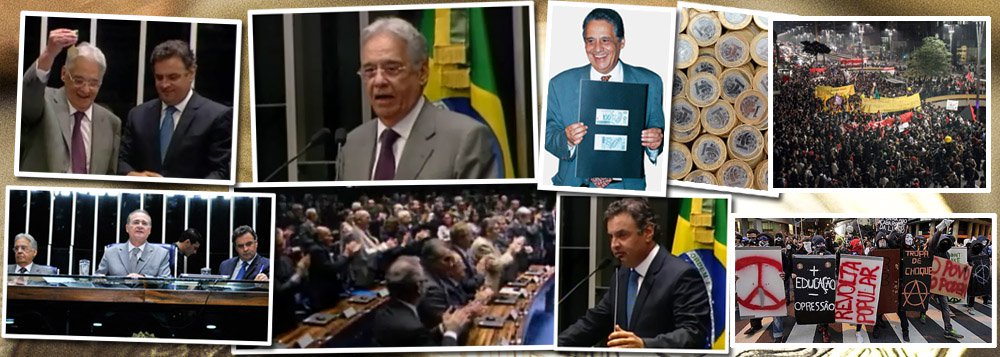 Ex-presidente Fernando Henrique sobe à tribuna do Senado homenageado pelos 20 anos do Plano Real; "Fiz de tudo para convencer o Partido dos Trabalhadores a apoiar o Plano Real", lembrou; "Chamei Lula e Zé Dirceu ao meu apartamento. Conversei com sindicalistas. Eles entendiam, mas iam para a imprensa atacar. Era mentira"; para ele, "o líder que age sozinho não é líder", definiu; hábil, falando de improviso, FHC lembrou que o Real "é o único plano que não está nessa situação", referindo-se a litígio sobre correção da poupança que corre no STF; campanha tucana à Presidência ganha eixo econômico nítido; um dos motes do discurso foi a frase "não dá mais"; "as ruas são o pavor do povo", afirmou; "chegou a hora de mudar" (Foto: Felipe L. Goncalves) Ex-presidente Fernando Henrique sobe à tribuna do Senado homenageado pelos 20 anos do Plano Real; "Fiz de tudo para convencer o Partido dos Trabalhadores a apoiar o Plano Real", lembrou; "Chamei Lula e Zé Dirceu ao meu apartamento. Conversei com sindicalistas. Eles entendiam, mas iam para a imprensa atacar. Era mentira"; para ele, "o líder que age sozinho não é líder", definiu; hábil, falando de improviso, FHC lembrou que o Real "é o único plano que não está nessa situação", referindo-se a litígio sobre correção da poupança que corre no STF; campanha tucana à Presidência ganha eixo econômico nítido; um dos motes do discurso foi a frase "não dá mais"; "as ruas são o pavor do povo", afirmou; "chegou a hora de mudar"