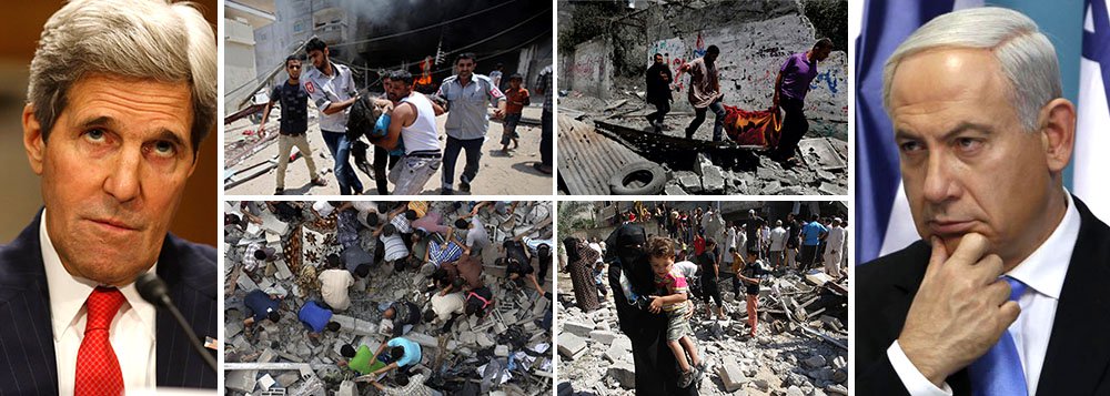 Secretário de Estado americano pede "trégua humanitária" na faixa de Gaza; John Kerry procura líderes regionais para articular pressão local sobre Israel para que pare de matar civis palestinos; número de mortos sob bombardeios cresce seguidamente; conflito pode se estender para a Cisjordânia ocupada e Jerusalém; urgência dos EUA foi despertada pela morte, ontem, de 15 adultos e crianças em escola da ONU; até os maiores aliados de Benjamin Netanyahu ficaram chocados; governo-anão de Israel isolado globalmente (Foto: Gisele Federicce) Secretário de Estado americano pede "trégua humanitária" na faixa de Gaza; John Kerry procura líderes regionais para articular pressão local sobre Israel para que pare de matar civis palestinos; número de mortos sob bombardeios cresce seguidamente; conflito pode se estender para a Cisjordânia ocupada e Jerusalém; urgência dos EUA foi despertada pela morte, ontem, de 15 adultos e crianças em escola da ONU; até os maiores aliados de Benjamin Netanyahu ficaram chocados; governo-anão de Israel isolado globalmente