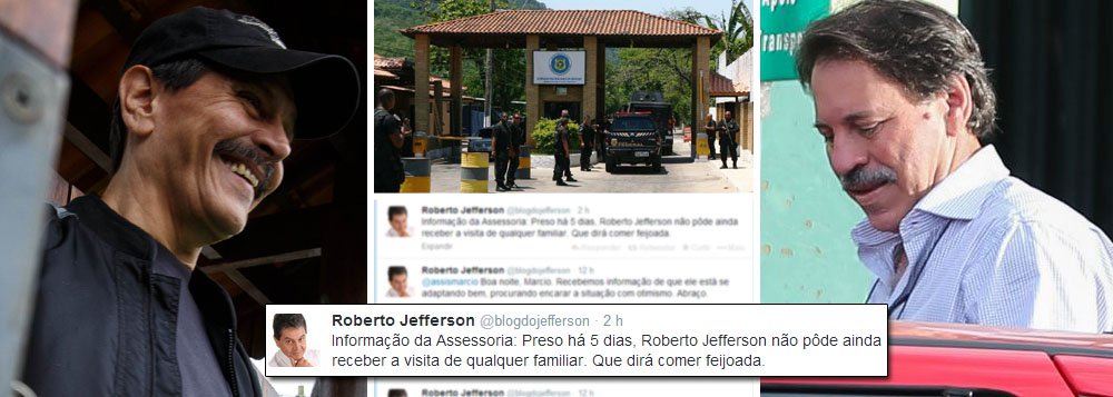 Assessoria de imprensa do ex-deputado publicou hoje em sua conta no Twitter que "preso há 5 dias, Roberto Jefferson não pôde ainda receber a visita de qualquer familiar. Que dirá comer feijoada"; apesar da ironia à denúncia de que o ex-tesoureiro do PT Delúbio Soares tem direito a feijoada aos finais de semana na Papuda, o fato é que Jefferson tem, sim, regalias; preso 100 dias depois que outros condenados, ele foi levado a uma penitenciária no mesmo estado onde mora, sem grandes exposições, como as do feriado de 15 de novembro, com direito a cela individual e ainda a "dieta alternativa" na cadeia (Foto: Gisele Federicce) Assessoria de imprensa do ex-deputado publicou hoje em sua conta no Twitter que "preso há 5 dias, Roberto Jefferson não pôde ainda receber a visita de qualquer familiar. Que dirá comer feijoada"; apesar da ironia à denúncia de que o ex-tesoureiro do PT Delúbio Soares tem direito a feijoada aos finais de semana na Papuda, o fato é que Jefferson tem, sim, regalias; preso 100 dias depois que outros condenados, ele foi levado a uma penitenciária no mesmo estado onde mora, sem grandes exposições, como as do feriado de 15 de novembro, com direito a cela individual e ainda a "dieta alternativa" na cadeia