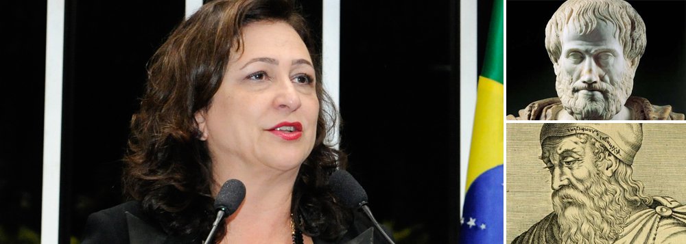 Em artigo onde defendia o anúncio dos R$ 156 bilhões do governo federal para o Plano Safra 2014/2015, publicado na Folha de S. Paulo no último sábado, a senadora Kátia Abreu (PMDB) quis parafrasear o filósofo grego Aristóteles usando famosa frase "dê-me uma alavanca que moverei o mundo", ao referir que o agronegócio tem a capacidade de mover a economia do Brasil; só que a senadora trocou as bolas e atribuiu a Aristóteles, inclusive no título do artigo, uma frase que é na verdade do pensador, também grego, Arquimedes; dois dias depois a Folha publicou um "Erramos" (Foto: Aquiles Lins) Em artigo onde defendia o anúncio dos R$ 156 bilhões do governo federal para o Plano Safra 2014/2015, publicado na Folha de S. Paulo no último sábado, a senadora Kátia Abreu (PMDB) quis parafrasear o filósofo grego Aristóteles usando famosa frase "dê-me uma alavanca que moverei o mundo", ao referir que o agronegócio tem a capacidade de mover a economia do Brasil; só que a senadora trocou as bolas e atribuiu a Aristóteles, inclusive no título do artigo, uma frase que é na verdade do pensador, também grego, Arquimedes; dois dias depois a Folha publicou um "Erramos"