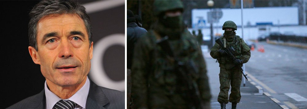 Pedido foi feito depois de uma reunião de emergência dos embaixadores da Otan em Bruxelas; "Nós pedimos que ambas as partes busquem imediatamente uma solução pacífica por meio do diálogo bilateral e mediação internacional", disse a Organização em comunicado; antes, o secretário-geral da Otan, Anders Fogh Rasmussen, pediu para a Rússia reduzir as tensões com a Ucrânia (Foto: Roberta Namour) Pedido foi feito depois de uma reunião de emergência dos embaixadores da Otan em Bruxelas; "Nós pedimos que ambas as partes busquem imediatamente uma solução pacífica por meio do diálogo bilateral e mediação internacional", disse a Organização em comunicado; antes, o secretário-geral da Otan, Anders Fogh Rasmussen, pediu para a Rússia reduzir as tensões com a Ucrânia