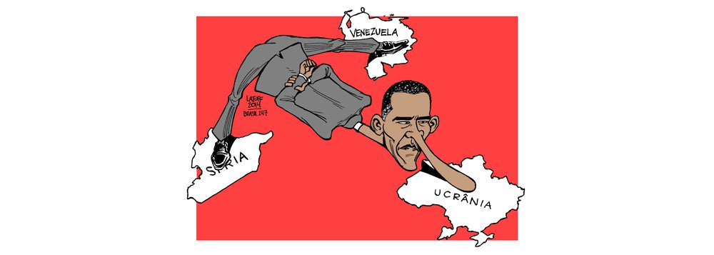 Na charge de Carlos Latuff, a interferência do presidente dos Estados Unidos em todas as situações de conflito fora de seu país, seja na Venezuela, na Síria ou na Ucrânia (Foto: Gisele Federicce) Na charge de Carlos Latuff, a interferência do presidente dos Estados Unidos em todas as situações de conflito fora de seu país, seja na Venezuela, na Síria ou na Ucrânia