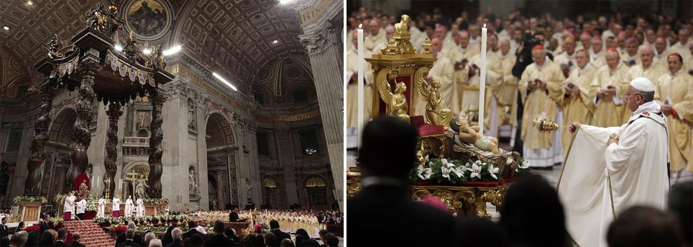 Francisco celebrou uma solene Missa de véspera de Natal para cerca de 10 mil pessoas na basílica de São Pedro; ao lado de mais de 300 cardeais, bispos e padres, ele pediu para que as pessoas não tenham medo de chegar a Deus (Foto: Roberta Namour) Francisco celebrou uma solene Missa de véspera de Natal para cerca de 10 mil pessoas na basílica de São Pedro; ao lado de mais de 300 cardeais, bispos e padres, ele pediu para que as pessoas não tenham medo de chegar a Deus