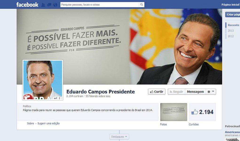 Tribunal Superior Eleitoral decidiu pela suspensão imediata da página "Eduardo Campos Presidente", criada no Facebook; perfil foi o primeiro alvo das fiscalizações realizadas neste ano para que os presidenciáveis não exagerem com propagandas antes do período eleitoral; página na rede social reúne 2.197 fãs e ainda se encontra acessível na internet, às 17h30 desta quarta-feira; equipe de assessoria do governador diz comemorar a decisão, uma vez que o perfil não era administrado por ela (Foto: Ana Pupulin) Tribunal Superior Eleitoral decidiu pela suspensão imediata da página "Eduardo Campos Presidente", criada no Facebook; perfil foi o primeiro alvo das fiscalizações realizadas neste ano para que os presidenciáveis não exagerem com propagandas antes do período eleitoral; página na rede social reúne 2.197 fãs e ainda se encontra acessível na internet, às 17h30 desta quarta-feira; equipe de assessoria do governador diz comemorar a decisão, uma vez que o perfil não era administrado por ela