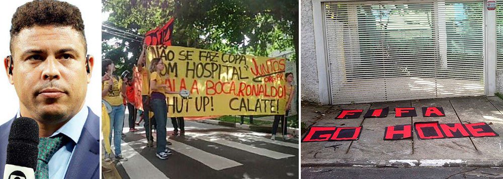 Manifestação criticou a postura "autoritária e antipopular" do dirigente do Comitê Organizador da Copa no Brasil, que afirmou recentemente sentir "vergonha do país" com relação aos atrasos na construção de estádios para o Mundial de futebol; sobre os manifestos nas ruas, ex-jogador Ronaldo disse que a polícia tem de "descer o cacete" nos black blocs (Foto: Roberta Namour) Manifestação criticou a postura "autoritária e antipopular" do dirigente do Comitê Organizador da Copa no Brasil, que afirmou recentemente sentir "vergonha do país" com relação aos atrasos na construção de estádios para o Mundial de futebol; sobre os manifestos nas ruas, ex-jogador Ronaldo disse que a polícia tem de "descer o cacete" nos black blocs
