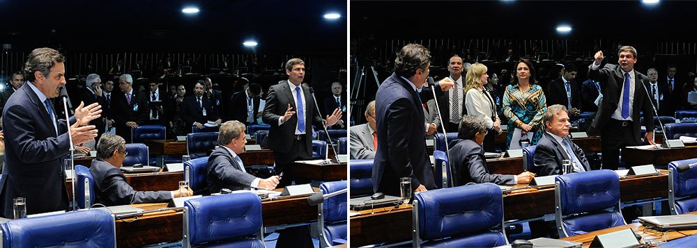 Presidenciável Aécio Neves (PSDB-MG) defendeu em seu discurso a prorrogação das discussões sobre o Marco Civil da Internet no Senado e acusou o senador do PT Lindbergh Farias de "apequenar" as discussões sobre o tema; petista rebateu que o PSDB dava um "tiro no pé", porque pretendia atrasar a votação do projeto, que contava com mais de 350 mil assinaturas em favor de brevidade da votação (Foto: Leonardo Lucena) Presidenciável Aécio Neves (PSDB-MG) defendeu em seu discurso a prorrogação das discussões sobre o Marco Civil da Internet no Senado e acusou o senador do PT Lindbergh Farias de "apequenar" as discussões sobre o tema; petista rebateu que o PSDB dava um "tiro no pé", porque pretendia atrasar a votação do projeto, que contava com mais de 350 mil assinaturas em favor de brevidade da votação