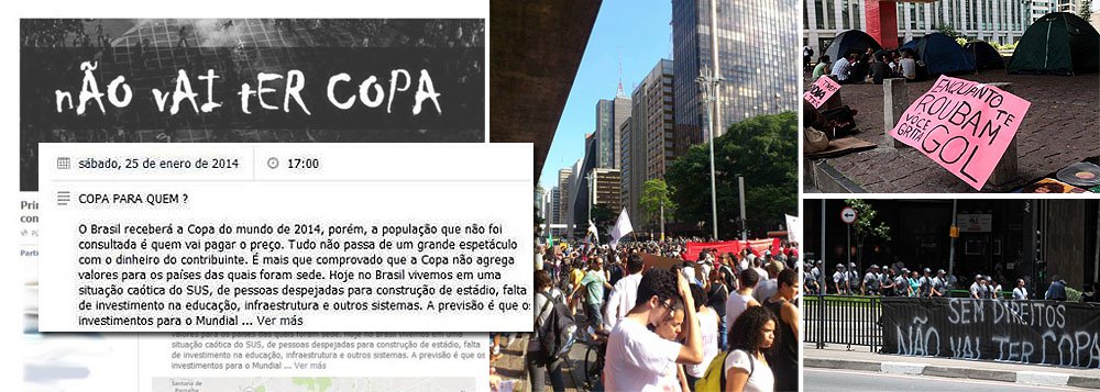 Primeiro ato conjunto do ano contra a realização do Mundial de Futebol no Brasil caminha para o fiasco; em São Paulo, das 22 mil pessoas que confirmaram presença, através das redes sociais, menos de 1 mil compareceram efetivamente; ato ocorre na avenida Paulista; outras cidades, como Rio e Brasília, também registram baixa adesão; em Goiás, onde o ato ocorreu pela manhã, apenas 100 pessoas foram para as ruas; no Twitter e no Facebook, a repercussão das manifestações que estavam previstas para ocorrer em 32 cidades é mínima; atos deste sábado em nada lembram as manifestações que ocorreram no ano passado em todo o país (Foto: Valter Lima) Primeiro ato conjunto do ano contra a realização do Mundial de Futebol no Brasil caminha para o fiasco; em São Paulo, das 22 mil pessoas que confirmaram presença, através das redes sociais, menos de 1 mil compareceram efetivamente; ato ocorre na avenida Paulista; outras cidades, como Rio e Brasília, também registram baixa adesão; em Goiás, onde o ato ocorreu pela manhã, apenas 100 pessoas foram para as ruas; no Twitter e no Facebook, a repercussão das manifestações que estavam previstas para ocorrer em 32 cidades é mínima; atos deste sábado em nada lembram as manifestações que ocorreram no ano passado em todo o país