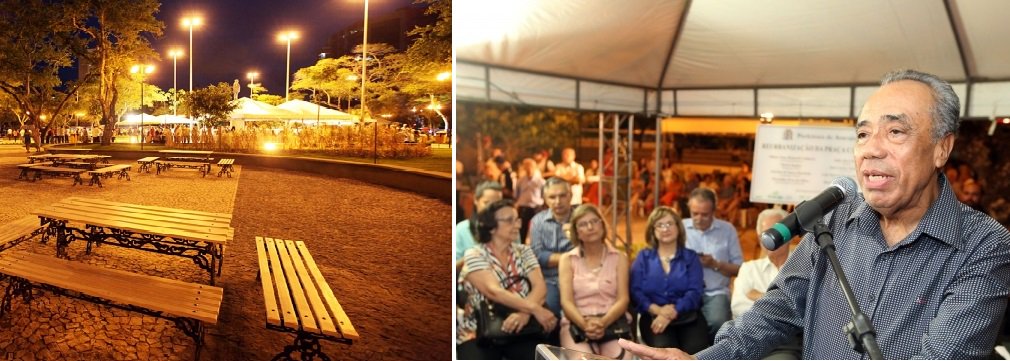 O prefeito João Alves Filho entregou, nesta quinta (27) a Praça Camerino, no Centro de Aracaju completamente reurbanizada; em parceria com o Instituto do Patrimônio Histórico e Arquitetônico Nacional (IPHAN), praça foi completamente reformada, com pavimentação em pedra portuguesa e concreto desempolado, contendo ainda espaço para eventos, bancos, mesas e a grande novidade que é o espaço para leitura; Camerino é o primeiro espaço público onde coloca-se em prática o projeto "Praça mais Segura" da Guarda Municipal; guardas estarão presentes durante todo o dia (Foto: Valter Lima) O prefeito João Alves Filho entregou, nesta quinta (27) a Praça Camerino, no Centro de Aracaju completamente reurbanizada; em parceria com o Instituto do Patrimônio Histórico e Arquitetônico Nacional (IPHAN), praça foi completamente reformada, com pavimentação em pedra portuguesa e concreto desempolado, contendo ainda espaço para eventos, bancos, mesas e a grande novidade que é o espaço para leitura; Camerino é o primeiro espaço público onde coloca-se em prática o projeto "Praça mais Segura" da Guarda Municipal; guardas estarão presentes durante todo o dia