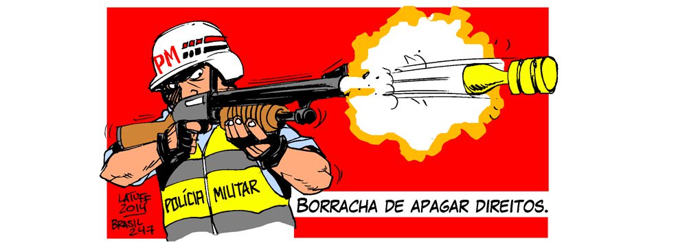 A bala de borracha da Polícia Militar é ilustrada na charge do cartunista Carlos Latuff como um instrumento de apagar direitos; no fim de semana, de cerca de mil manifestantes contra a Copa do Mundo, 262 foram detidos em São Paulo, inclusive quatro jornalistas (Foto: Felipe L. Goncalves) A bala de borracha da Polícia Militar é ilustrada na charge do cartunista Carlos Latuff como um instrumento de apagar direitos; no fim de semana, de cerca de mil manifestantes contra a Copa do Mundo, 262 foram detidos em São Paulo, inclusive quatro jornalistas