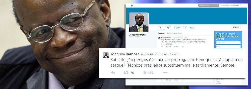 "Por que não fazer mudanças, colocar jogadores com frescor em campo? Com tantos jogadores bons no banco!!! Técnicos brasileiros substituem mal e tardiamente. Sempre!", escreveu Joaquim Barbosa em sua estreia no Twitter; ele sugere ainda time para enfrentar Alemanha; após deixar o STF, também postou: "Alívio, finalmente!" (Foto: Roberta Namour) www.brasil247.com - "Por que não fazer mudanças, colocar jogadores com frescor em campo? Com tantos jogadores bons no banco!!! Técnicos brasileiros substituem mal e tardiamente. Sempre!", escreveu Joaquim Barbosa em sua estreia no Twitter; ele sugere ainda time para enfrentar Alemanha; após deixar o STF, também postou: "Alívio, finalmente!"