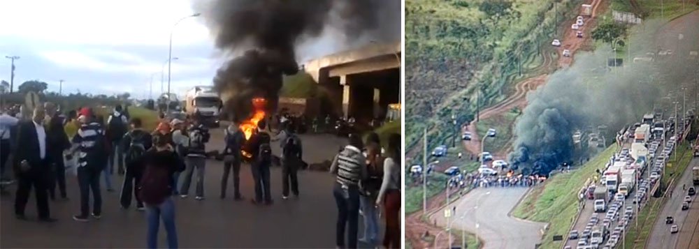 Depois de uma manhã de protestos contra a má qualidade do transporte público do Entorno do Distrito Federal, cerca de 300 manifestantes entraram em confronto com a PM na DF-290, próximo a Céu Azul em Valparaíso 2 – município goiano a cerca de 40 km da região central de Brasília; até o início da tarde, 11 pessoas foram presas, em Santa Maria, no DF (Foto: Leonardo Lucena) Depois de uma manhã de protestos contra a má qualidade do transporte público do Entorno do Distrito Federal, cerca de 300 manifestantes entraram em confronto com a PM na DF-290, próximo a Céu Azul em Valparaíso 2 – município goiano a cerca de 40 km da região central de Brasília; até o início da tarde, 11 pessoas foram presas, em Santa Maria, no DF