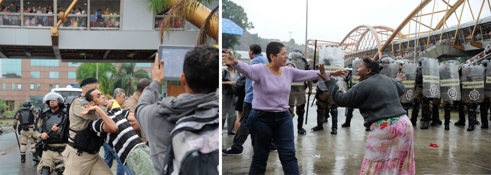 Moradores retirados do prédio da Oi na última sexta-feira, no Engenho Novo, estenderam hoje uma grande bandeira preta na Avenida Presidente Vargas e interditaram o trânsito em direção à Candelária, quando homens da Guarda Municipal munidos de cassetes e escudos intervieram e foram recebidos a pedradas e garrafas de água pelos manifestantes (Foto: Gisele Federicce) Moradores retirados do prédio da Oi na última sexta-feira, no Engenho Novo, estenderam hoje uma grande bandeira preta na Avenida Presidente Vargas e interditaram o trânsito em direção à Candelária, quando homens da Guarda Municipal munidos de cassetes e escudos intervieram e foram recebidos a pedradas e garrafas de água pelos manifestantes