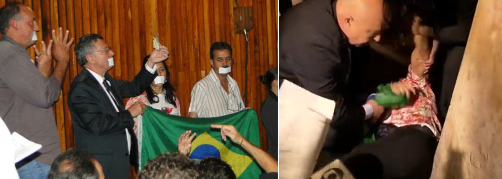 O tumulto durante a sessão da CPI do Pedágio, na Assembleia Legislativa, começou quando os seguranças retiraram as faixas contra o pedágio mais caro do mundo; os oito manifestantes que compareceram à sessão denunciaram que foram agredidos e uma das manifestantes desmaiou no local; eles também disseram que suas faixas foram roubadas (Foto: Leonardo Lucena) O tumulto durante a sessão da CPI do Pedágio, na Assembleia Legislativa, começou quando os seguranças retiraram as faixas contra o pedágio mais caro do mundo; os oito manifestantes que compareceram à sessão denunciaram que foram agredidos e uma das manifestantes desmaiou no local; eles também disseram que suas faixas foram roubadas