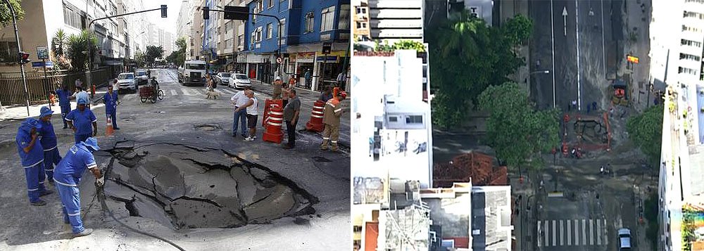 Segundo o Centro de Operações da Prefeitura do Rio, o cruzamento entre as ruas Barata Ribeiro e Miguel Lemos, em Copacabana, na Zona Sul da cidade, está interditado para uma obra emergencial da Cedae, em razão de um vazamento que provocou a abertura de uma cratera na esquina das ruas, e as duas vias estão fechadas para a obra (Foto: Leonardo Lucena) Segundo o Centro de Operações da Prefeitura do Rio, o cruzamento entre as ruas Barata Ribeiro e Miguel Lemos, em Copacabana, na Zona Sul da cidade, está interditado para uma obra emergencial da Cedae, em razão de um vazamento que provocou a abertura de uma cratera na esquina das ruas, e as duas vias estão fechadas para a obra