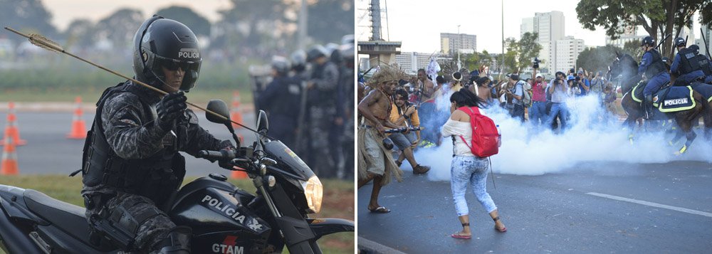 Investigação da Polícia Federal aponta que manifestação de indígenas que resultou em um policial ferido por flecha em Brasília no dia 27 de maio foi organizada por servidores e antropólogos ligados ao governo ou financiados com recursos públicos; pessoas ligadas à Funai e à Funasa também teriam usado verba pública ilegalmente para transportar os índios, que pediam a demarcação de terras (Foto: Realle Palazzo-Martini) Investigação da Polícia Federal aponta que manifestação de indígenas que resultou em um policial ferido por flecha em Brasília no dia 27 de maio foi organizada por servidores e antropólogos ligados ao governo ou financiados com recursos públicos; pessoas ligadas à Funai e à Funasa também teriam usado verba pública ilegalmente para transportar os índios, que pediam a demarcação de terras