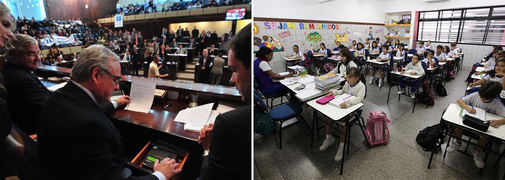 Projeto votado na Assembleia Legislativa estipula uma carga horária igual ou superior a sete horas diárias, nos turnos da manhã e da tarde; os alunos devem ter acesso a quatro refeições diárias, seguindo as diretrizes do Programa Nacional de Alimentação Escolar; a meta é oferecer matrículas em horário integral em pelo menos 50% das escolas de ensino fundamental num prazo de dez anos (Foto: Roberta Namour) Projeto votado na Assembleia Legislativa estipula uma carga horária igual ou superior a sete horas diárias, nos turnos da manhã e da tarde; os alunos devem ter acesso a quatro refeições diárias, seguindo as diretrizes do Programa Nacional de Alimentação Escolar; a meta é oferecer matrículas em horário integral em pelo menos 50% das escolas de ensino fundamental num prazo de dez anos