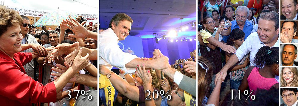 Ele seria disputado entre a presidente Dilma Rousseff, do PT, que recuou de 38% para 37%, e o senador Aécio Neves (PSDB-MG), que foi de 16% a 20%; Eduardo Campos, do PSB, subiu de 10% a 11%, enquanto Pastor Everaldo (PSC) teve 3% e Eduardo Jorge (PV), José Maria (PSTU), Denise Abreu (PTN) e Randolfe Rodrigues (Psol) conseguiram, cada um, 1%; assim, os votos da oposição somariam 38% contra 37% do governo; resultado torna disputa mais emocionante (Foto: Ana Pupulin) Ele seria disputado entre a presidente Dilma Rousseff, do PT, que recuou de 38% para 37%, e o senador Aécio Neves (PSDB-MG), que foi de 16% a 20%; Eduardo Campos, do PSB, subiu de 10% a 11%, enquanto Pastor Everaldo (PSC) teve 3% e Eduardo Jorge (PV), José Maria (PSTU), Denise Abreu (PTN) e Randolfe Rodrigues (Psol) conseguiram, cada um, 1%; assim, os votos da oposição somariam 38% contra 37% do governo; resultado torna disputa mais emocionante