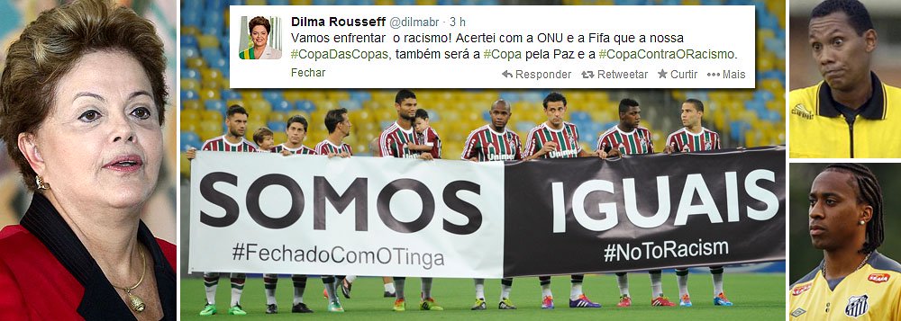 "É inadmissível que o Brasil, a maior nação negra fora da África, conviva com cenas de racismo", declarou presidente ao comentar preconceito racial sofrido pelo árbitro Márcio Chagas da Silva e pelo jogador Arouca na última quarta-feira, em Bento Gonçalves (RS) e em partida do Santos contra o Mogi Mirim, respectivamente; em fevereiro, Dilma também levantou bandeira de apoio por Tinga, do Cruzeiro; “Estou convidando líderes religiosos do mundo a enviarem manifestações contra o racismo e pela paz”, escreveu neste domingo em sua conta pessoal no Twitter (Foto: Roberta Namour) "É inadmissível que o Brasil, a maior nação negra fora da África, conviva com cenas de racismo", declarou presidente ao comentar preconceito racial sofrido pelo árbitro Márcio Chagas da Silva e pelo jogador Arouca na última quarta-feira, em Bento Gonçalves (RS) e em partida do Santos contra o Mogi Mirim, respectivamente; em fevereiro, Dilma também levantou bandeira de apoio por Tinga, do Cruzeiro; “Estou convidando líderes religiosos do mundo a enviarem manifestações contra o racismo e pela paz”, escreveu neste domingo em sua conta pessoal no Twitter