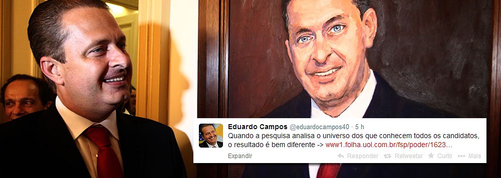 O presidenciável pelo PSB, Eduardo Campos, evitou dizer, durante um bate-papo realizado com internautas, nesta segunda-feira (21), peloTwitter, quem apoiaria em um eventual segundo turno sem ele. “Estarei no segundo turno”, afirmou; o ex-governador de Pernambuco também comemorou o resultado da última pesquisa do Instituto Datafolha que, levando em conta a margem de erro de cinco pontos percentuais para mais ou para menos, aponta um empate técnico entre os presidenciáveis considerando somente os eleitores que “conhecem bem” os pré-candidatos (Foto: Paulo Emílio) O presidenciável pelo PSB, Eduardo Campos, evitou dizer, durante um bate-papo realizado com internautas, nesta segunda-feira (21), peloTwitter, quem apoiaria em um eventual segundo turno sem ele. “Estarei no segundo turno”, afirmou; o ex-governador de Pernambuco também comemorou o resultado da última pesquisa do Instituto Datafolha que, levando em conta a margem de erro de cinco pontos percentuais para mais ou para menos, aponta um empate técnico entre os presidenciáveis considerando somente os eleitores que “conhecem bem” os pré-candidatos