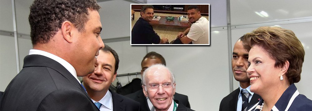 A presidente Dilma Rousseff respondeu diretamente as críticas do jogador Ronaldo, que disse se sentir envergonhado pelo atraso nas obras da Copa de 2014; "Tenho orgulho das nossas realizações, não temos do que nos envergonhar e não temos o complexo de vira-latas, tão bem caracterizado por Nelson Rodrigues se referindo aos eternos pessimistas de sempre", disse ela; sobre a oposição, afirmou que não permitirá a volta de "espectros fantasmagóricos"; recentemente, Ronaldo postou uma foto nas redes sociais ao lado do tucano Aécio Neves, referindo-se a ele como "futuro presidente" (Foto: Paulo Emílio) A presidente Dilma Rousseff respondeu diretamente as críticas do jogador Ronaldo, que disse se sentir envergonhado pelo atraso nas obras da Copa de 2014; "Tenho orgulho das nossas realizações, não temos do que nos envergonhar e não temos o complexo de vira-latas, tão bem caracterizado por Nelson Rodrigues se referindo aos eternos pessimistas de sempre", disse ela; sobre a oposição, afirmou que não permitirá a volta de "espectros fantasmagóricos"; recentemente, Ronaldo postou uma foto nas redes sociais ao lado do tucano Aécio Neves, referindo-se a ele como "futuro presidente"