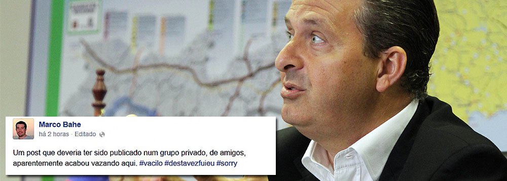 "Vai ter coca, Aécio Neves", escreveu o jornalista Marco Bahé, então coordenador de mídias sociais da campanha de Eduardo Campos (PSB), em post que foi apagado logo em seguida do Facebook; mais tarde, ele se justificou na rede social dizendo que a mensagem era de caráter pessoal e deveria ter sido publicada em grupo fechado para amigos; Bahé também alegou que já tinha se afastado da campanha do socialista "há vários dias" (Foto: Roberta Namour) "Vai ter coca, Aécio Neves", escreveu o jornalista Marco Bahé, então coordenador de mídias sociais da campanha de Eduardo Campos (PSB), em post que foi apagado logo em seguida do Facebook; mais tarde, ele se justificou na rede social dizendo que a mensagem era de caráter pessoal e deveria ter sido publicada em grupo fechado para amigos; Bahé também alegou que já tinha se afastado da campanha do socialista "há vários dias"