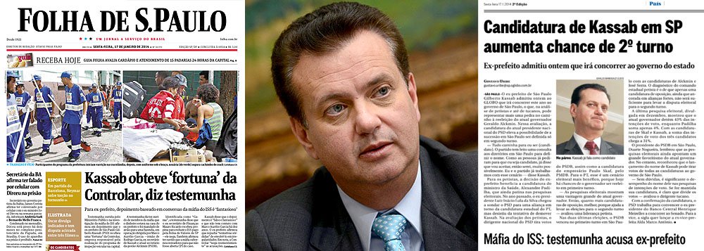 Manchete da Folha desta sexta-feira, e destaque no Jornal Nacional de ontem, ela traz a história de uma testemunha não identificada, chamada de "Gama" pelos promotores, que diz ter ouvido que uma enorme quantia de dinheiro foi enviada pela empresa Controlar ao ex-prefeito de São Paulo, Gilberto Kassab; em outros tempos, uma acusação tão frágil não mereceria tamanho destaque; mas, se é assim, por que tanto estardalhaço? O motivo é um só: a crescente possibilidade de segundo turno nas eleições de São Paulo em 2014, o que favorece Alexandre Padilha, do PT (Foto: Leonardo Attuch) Manchete da Folha desta sexta-feira, e destaque no Jornal Nacional de ontem, ela traz a história de uma testemunha não identificada, chamada de "Gama" pelos promotores, que diz ter ouvido que uma enorme quantia de dinheiro foi enviada pela empresa Controlar ao ex-prefeito de São Paulo, Gilberto Kassab; em outros tempos, uma acusação tão frágil não mereceria tamanho destaque; mas, se é assim, por que tanto estardalhaço? O motivo é um só: a crescente possibilidade de segundo turno nas eleições de São Paulo em 2014, o que favorece Alexandre Padilha, do PT