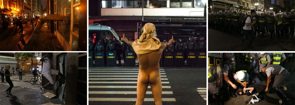 Protesto do #nãovaitercopa mais uma vez descamba para a violência nas ruas da capital paulista; lixeiras, orelhões e agências bancárias foram depredados por integrantes do grupo radical; oito pessoas se feriram durante confrontos entre policiais de batalhão especializado em artes marciais e manifestantes ocorridos no centro; cinco ônibus conduziram os detidos para distritos policiais, onde após triagem parte dos presos foi autuada e depois liberada (Foto: Realle Palazzo-Martini) Protesto do #nãovaitercopa mais uma vez descamba para a violência nas ruas da capital paulista; lixeiras, orelhões e agências bancárias foram depredados por integrantes do grupo radical; oito pessoas se feriram durante confrontos entre policiais de batalhão especializado em artes marciais e manifestantes ocorridos no centro; cinco ônibus conduziram os detidos para distritos policiais, onde após triagem parte dos presos foi autuada e depois liberada