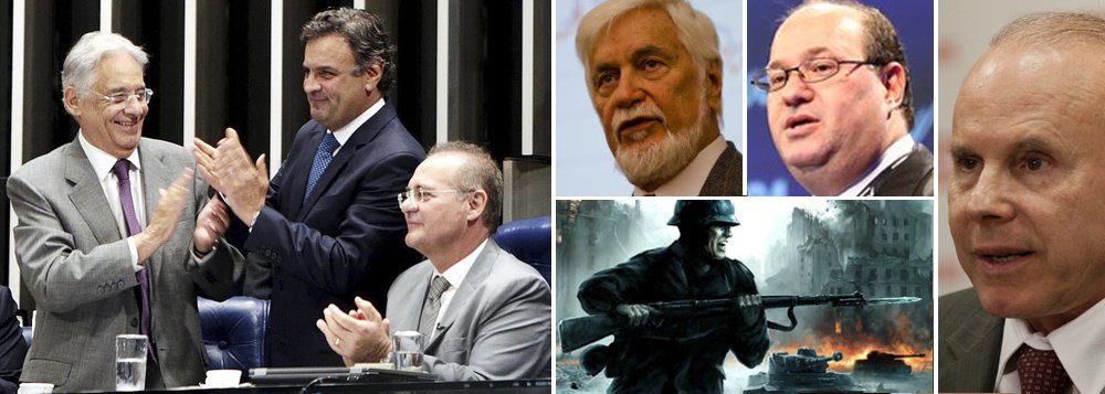 No mesmo dia em que, no Senado, o ex-presidente Fernando Henrique Cardoso e o senador Aécio Neves celebraram os vinte anos do Plano Real, dois proeminentes economistas tucanos dispararam contra a política econômica; Ilan Goldfajn, que foi diretor do BC no governo FHC e hoje é economista-chefe do Itaú, jogou contra o País: “conto com o rebaixamento”, disse ele, referindo-se à suposta redução da classificação do risco-Brasil, já negada pelas agências internacionais; Edmar Bacha afirmou também que Aécio, se eleito, terá que promover o “desfazimento” da política econômica atual; é guerra (Foto: Leonardo Attuch) No mesmo dia em que, no Senado, o ex-presidente Fernando Henrique Cardoso e o senador Aécio Neves celebraram os vinte anos do Plano Real, dois proeminentes economistas tucanos dispararam contra a política econômica; Ilan Goldfajn, que foi diretor do BC no governo FHC e hoje é economista-chefe do Itaú, jogou contra o País: “conto com o rebaixamento”, disse ele, referindo-se à suposta redução da classificação do risco-Brasil, já negada pelas agências internacionais; Edmar Bacha afirmou também que Aécio, se eleito, terá que promover o “desfazimento” da política econômica atual; é guerra
