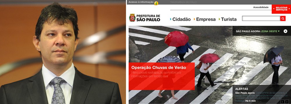 Mais moderno e com aplicativos inéditos, novo portal da Prefeitura de São Paulo procura ensinar população a adotar precauções contra os efeitos das chuvas dessa época do ano; endereço eletrônico traz informações sobre semáforos com problemas, árvores caídas e desvios de trajetos de ônibus, entre outras; mapa sugere alternativas; prefeito Fernando Haddad vira ano com nova ferramenta para o público (Foto: Romulo Faro) Mais moderno e com aplicativos inéditos, novo portal da Prefeitura de São Paulo procura ensinar população a adotar precauções contra os efeitos das chuvas dessa época do ano; endereço eletrônico traz informações sobre semáforos com problemas, árvores caídas e desvios de trajetos de ônibus, entre outras; mapa sugere alternativas; prefeito Fernando Haddad vira ano com nova ferramenta para o público