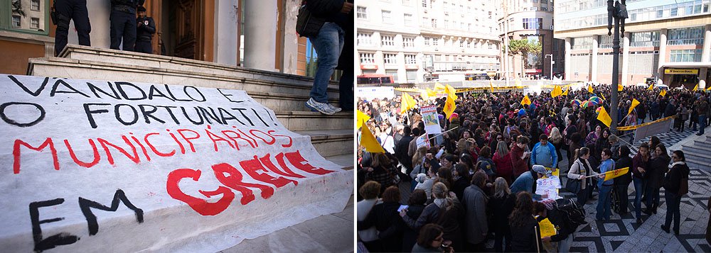 O primeiro dia de greve dos municipários de Porto Alegre começou com protesto em frente à Prefeitura; os trabalhadores, que decidiram paralisar as atividades reivindicam reajuste de 20%, o fim das terceirizações, vale-alimentação de R$ 23 e isonomia salarial entre as secretarias. A prefeitura oferece um aumento de 6,28%, referente à reposição da inflação, sem parcelamento (Foto: Leonardo Lucena) O primeiro dia de greve dos municipários de Porto Alegre começou com protesto em frente à Prefeitura; os trabalhadores, que decidiram paralisar as atividades reivindicam reajuste de 20%, o fim das terceirizações, vale-alimentação de R$ 23 e isonomia salarial entre as secretarias. A prefeitura oferece um aumento de 6,28%, referente à reposição da inflação, sem parcelamento
