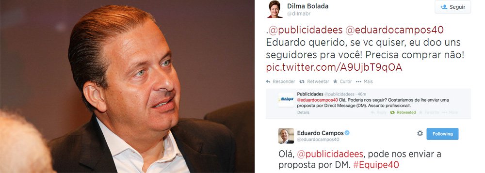 A equipe responsável pelas mídias sociais da campanha presidencial do ex-governador de Pernambuco, Eduardo Campos (PSB), foi acusado pelo perfil "Dilma Bolada", no Twitter, de estar negociando a compra de seguidores através do microblogger com uma agência de publicidade; "Eduardo querido! Se você quiser eu doo uns seguidores pra você! Precisa comprar não!", ironizou o perfil; em contato com o Pernambuco 247, a assessoria de Imprensa de Campos afirmou que a postagem da Dilma Bolada é "falsa" e "editada"; a Publicidades se define como uma "empresa de publicidade em Mídias Sociais e em um dos seus posts anuncia até uma promoção: "compre 50 mil seguidores em qualquer Rede Social e ganhe mais 50 mil de brinde" (Foto: Paulo Emílio) A equipe responsável pelas mídias sociais da campanha presidencial do ex-governador de Pernambuco, Eduardo Campos (PSB), foi acusado pelo perfil "Dilma Bolada", no Twitter, de estar negociando a compra de seguidores através do microblogger com uma agência de publicidade; "Eduardo querido! Se você quiser eu doo uns seguidores pra você! Precisa comprar não!", ironizou o perfil; em contato com o Pernambuco 247, a assessoria de Imprensa de Campos afirmou que a postagem da Dilma Bolada é "falsa" e "editada"; a Publicidades se define como uma "empresa de publicidade em Mídias Sociais e em um dos seus posts anuncia até uma promoção: "compre 50 mil seguidores em qualquer Rede Social e ganhe mais 50 mil de brinde"