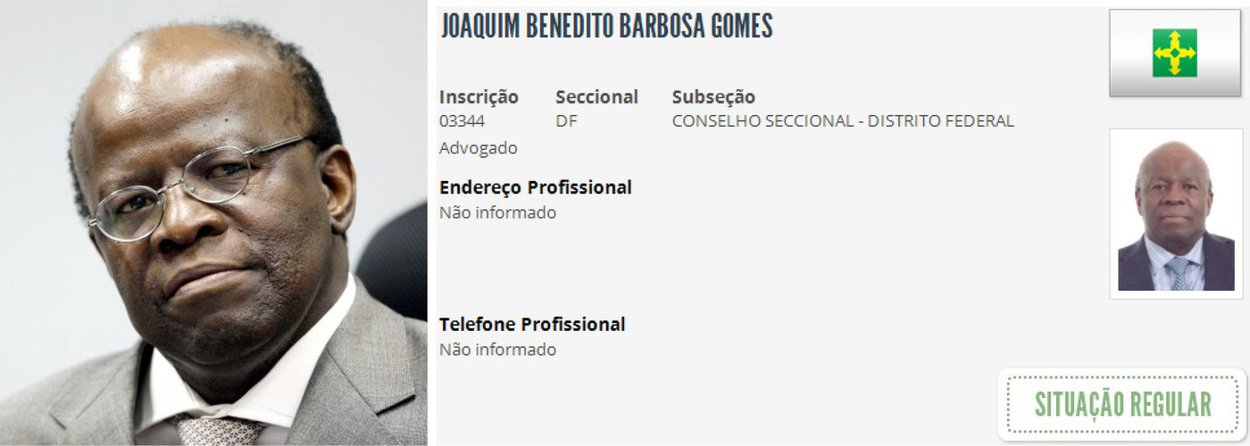 A Ordem dos Advogados do Brasil do Distrito Federal (OAB-DF) incluiu nesta quinta (18) a ficha do ex-presidente do Supremo Tribunal Federal (STF) Joaquim Barbosa no Cadastro Nacional de Advogados sob o número 03344; situação regular no registro de Barbosa põe fim a uma queda de braço com o presidente da OAB-DF, Ibaneis Rocha, que disse que a atuação de Barbosa no STF e no CNJ feriu a ética profissional (Foto: Valter Lima) A Ordem dos Advogados do Brasil do Distrito Federal (OAB-DF) incluiu nesta quinta (18) a ficha do ex-presidente do Supremo Tribunal Federal (STF) Joaquim Barbosa no Cadastro Nacional de Advogados sob o número 03344; situação regular no registro de Barbosa põe fim a uma queda de braço com o presidente da OAB-DF, Ibaneis Rocha, que disse que a atuação de Barbosa no STF e no CNJ feriu a ética profissional