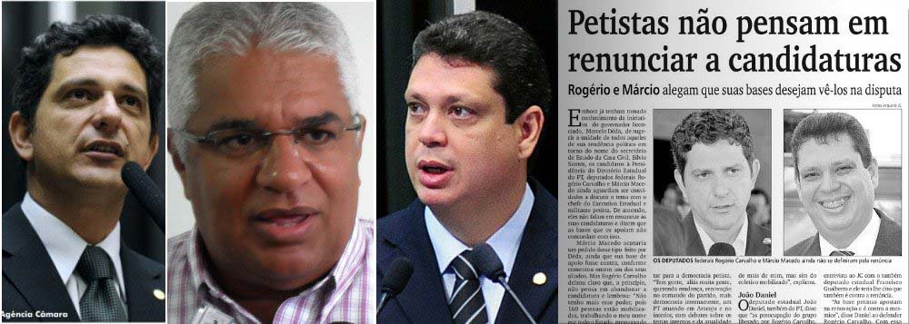 Rogério diz que a princípio, não pensa em abandonar a candidatura: “não tenho mais esse poder, pois 160 pessoas estão mobilizadas, trabalhando o meu nome por todo o Estado, propagando a necessidade de modernizar o PT, fazer dele um partido ágil e presente onde houver militância e onde não houver fazer surgir”; Márcio informa, em nota, que continua candidato, lembra que conta com o apoio de 43 diretórios e militantes em todo o Estado, mas avisa que se mantém aberto ao diálogo pela unidade; Silvio só vai se os deputados desistirem; unidade na corrente majoritária do PT está cada vez mais distante (Foto: Valter Lima) Rogério diz que a princípio, não pensa em abandonar a candidatura: “não tenho mais esse poder, pois 160 pessoas estão mobilizadas, trabalhando o meu nome por todo o Estado, propagando a necessidade de modernizar o PT, fazer dele um partido ágil e presente onde houver militância e onde não houver fazer surgir”; Márcio informa, em nota, que continua candidato, lembra que conta com o apoio de 43 diretórios e militantes em todo o Estado, mas avisa que se mantém aberto ao diálogo pela unidade; Silvio só vai se os deputados desistirem; unidade na corrente majoritária do PT está cada vez mais distante