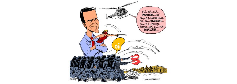 Charge do cartunista Carlos Latuff retrata a desocupação violenta de um prédio da Oi feita nesta sexta-feira por policiais militares, que usam bombas de efeito moral e gás lacrimogênio contra cerca de 5 mil moradores que estão no local; um jornalista foi preso, outros agredidos (Foto: Gisele Federicce) www.brasil247.com - Charge do cartunista Carlos Latuff retrata a desocupação violenta de um prédio da Oi feita nesta sexta-feira por policiais militares, que usam bombas de efeito moral e gás lacrimogênio contra cerca de 5 mil moradores que estão no local; um jornalista foi preso, outros agredidos
