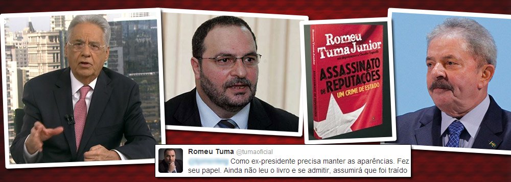 Ex-presidente declara em entrevista que não possui "nenhum elemento" que lhe permita confirmar essa acusação, feita pelo delegado Romeu Tuma Júnior em seu livro 'Assassinato de reputações'; "Eu não tinha esse sentimento do Lula, ele era uma pessoa autêntica. Eu acho que é muito fácil dizer 'você foi isso, foi aquilo'. Eu não entro nessa onda não", declarou Fernando Henrique Cardoso, no programa Manhattan Connection, da Globonews; pelo Twitter, Tuma Jr comentou a negação do tucano: "Como ex-presidente precisa manter as aparências. Fez seu papel. Ainda não leu o livro e se admitir, assumirá que foi traído" (Foto: Gisele Federicce) Ex-presidente declara em entrevista que não possui "nenhum elemento" que lhe permita confirmar essa acusação, feita pelo delegado Romeu Tuma Júnior em seu livro 'Assassinato de reputações'; "Eu não tinha esse sentimento do Lula, ele era uma pessoa autêntica. Eu acho que é muito fácil dizer 'você foi isso, foi aquilo'. Eu não entro nessa onda não", declarou Fernando Henrique Cardoso, no programa Manhattan Connection, da Globonews; pelo Twitter, Tuma Jr comentou a negação do tucano: "Como ex-presidente precisa manter as aparências. Fez seu papel. Ainda não leu o livro e se admitir, assumirá que foi traído"