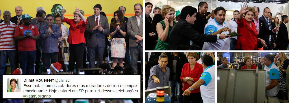 Presidente Dilma Rousseff, que celebrou o Natal hoje com catadores e moradores de rua no Centro de Exposições do Anhembi, em São Paulo, ressaltou que "é impressionante" o que a categoria conquistou até aqui; "Hoje, nós reconhecemos as demandas de todas as parcelas da população", disse; acompanhada de ministros, senadores e deputados, Dilma recebeu reivindicações da classe, assistiu desfile de moda reciclada e assinou decreto que institui o Programa Nacional de Apoio ao Associativismo e Cooperativismo Social; tradição da presença do presidente da República na cerimônia foi iniciada pelo ex-presidente Lula em seu primeiro ano de governo (Foto: Gisele Federicce) Presidente Dilma Rousseff, que celebrou o Natal hoje com catadores e moradores de rua no Centro de Exposições do Anhembi, em São Paulo, ressaltou que "é impressionante" o que a categoria conquistou até aqui; "Hoje, nós reconhecemos as demandas de todas as parcelas da população", disse; acompanhada de ministros, senadores e deputados, Dilma recebeu reivindicações da classe, assistiu desfile de moda reciclada e assinou decreto que institui o Programa Nacional de Apoio ao Associativismo e Cooperativismo Social; tradição da presença do presidente da República na cerimônia foi iniciada pelo ex-presidente Lula em seu primeiro ano de governo